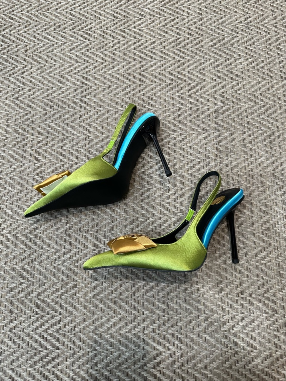 Green Satin Pointed Toe Heels with Brown Rosette - Picture 5 of 9